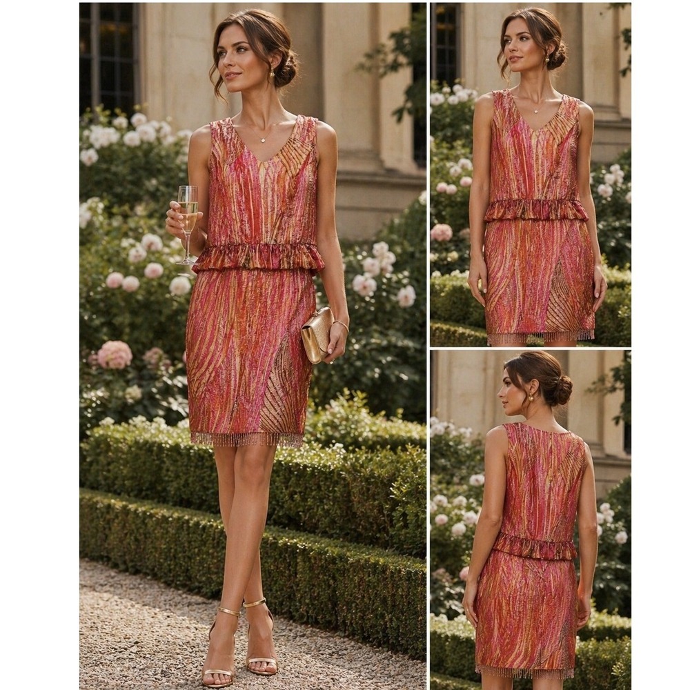 Forwear New York 2 Piece Skirt Set Sz 4 Pink Gold Fringe bead Garden‎ Party
